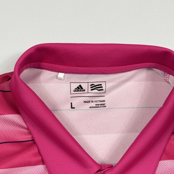 Adidas Polo Golf Shirt Polyester Short Sleeve Striped Pink Men's Large - Picture 5 of 10